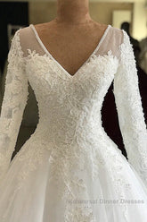Long A-line V-neck Appliques Lace Tulle Wedding Dresses with Sleeves